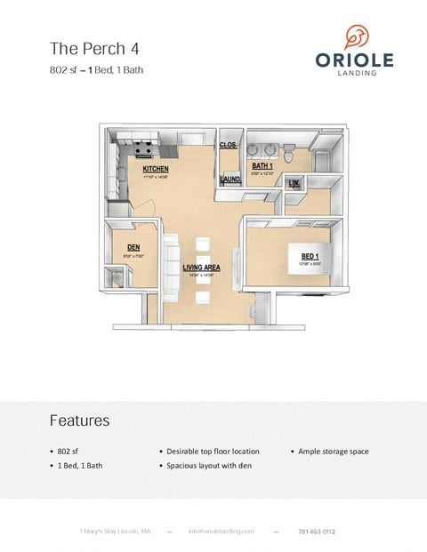 Floor plan for 1 bed, 1 bath, 802 sqft